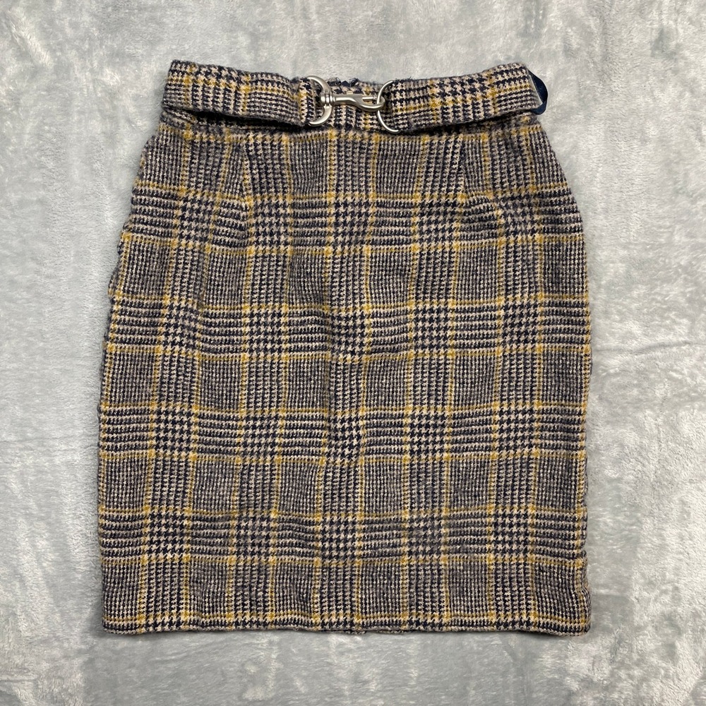 Banana Republic Plaid 100% Wool Belted Pencil Skirt Womens 2 Navy Blue Yellow‎